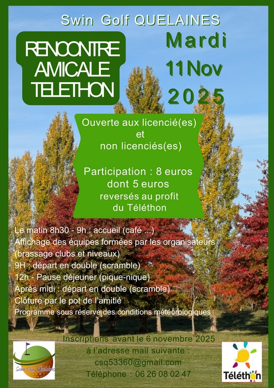 Lire la suite à propos de l’article Rencontre amicale Téléthon – Quelaines- Mardi 11 novembre